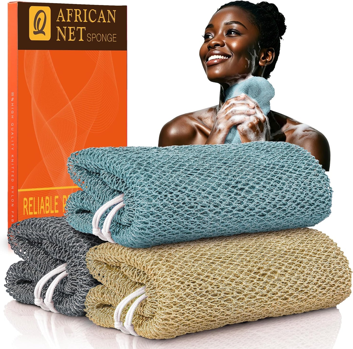 UJFQBH African Net Sponge Authenti, Exfoliating Body Scrubber for Back and Hard to Reach Areas, Gentle Daily Exfoliation for Deep Cleansing, Quick Drying Shower Essential, Aqua Grey 3 Pack