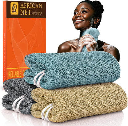 UJFQBH African Net Sponge Authenti, Exfoliating Body Scrubber for Back and Hard to Reach Areas, Gentle Daily Exfoliation for Deep Cleansing, Quick Drying Shower Essential, Aqua Grey 3 Pack