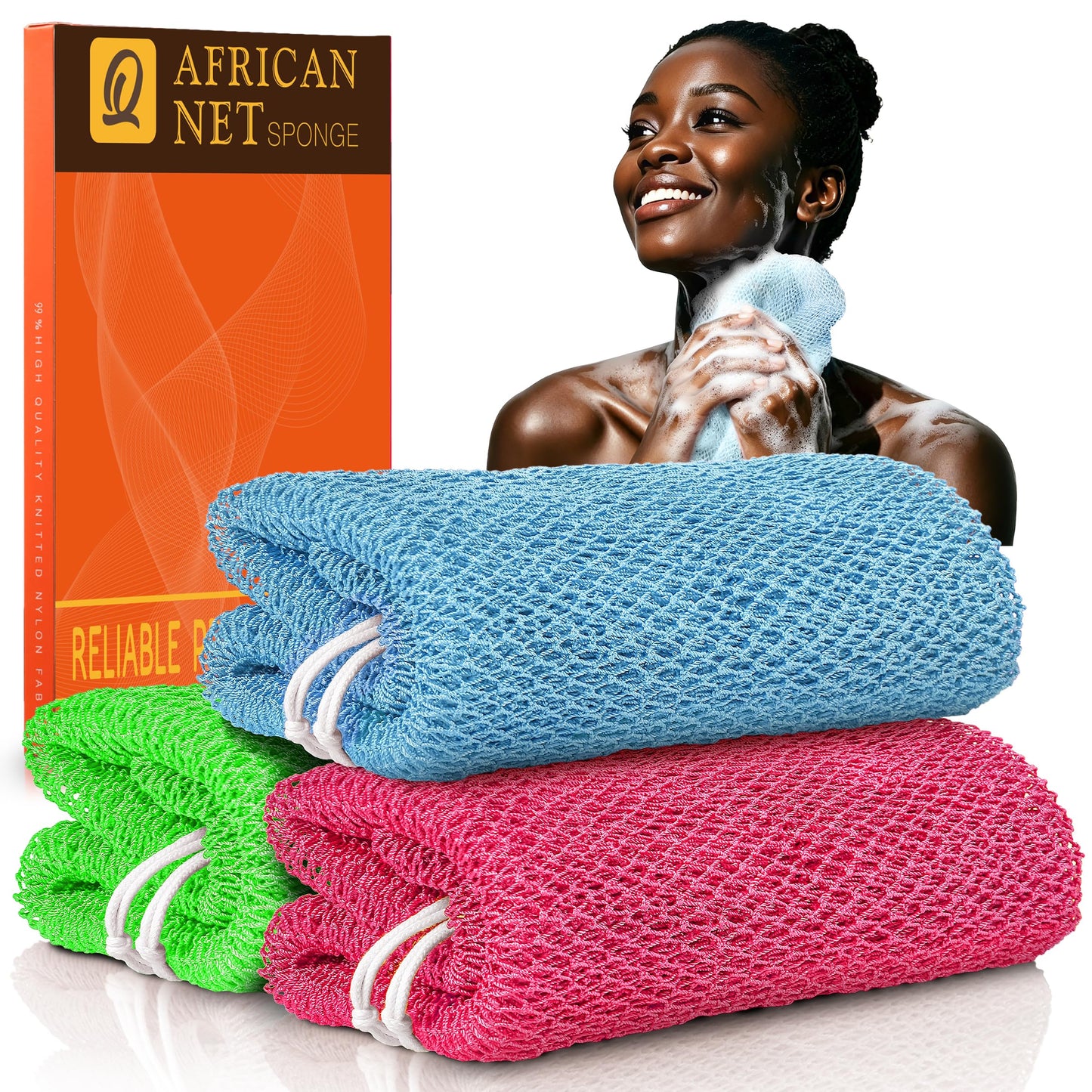 UJFQBH African Net Sponge Authenti, Exfoliating Body Scrubber for Back and Hard to Reach Areas, Gentle Daily Exfoliation for Deep Cleansing, Quick Drying Shower Essential, Aqua Grey 3 Pack