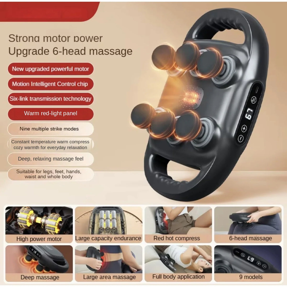 Cordless 6-Head Back Massager – Handheld, 9 Modes, Rechargeable & Portable